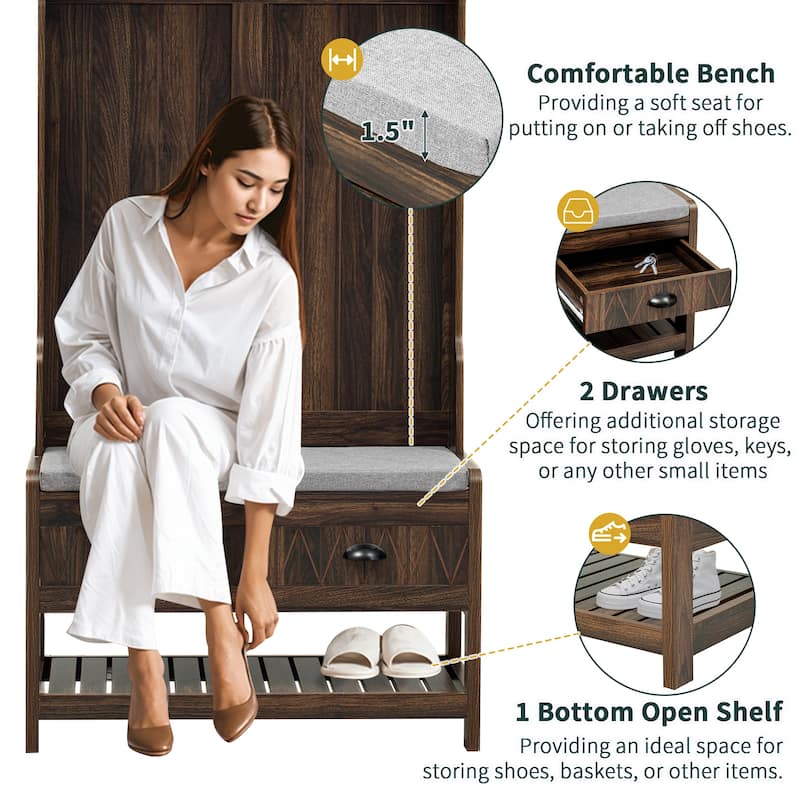 Hall Tree with 6 Hooks & Hinged-Lid Storage Bench, Entryway Coat Rack with Drawers & Shoe Cubbies, 34.2W x 68.5H