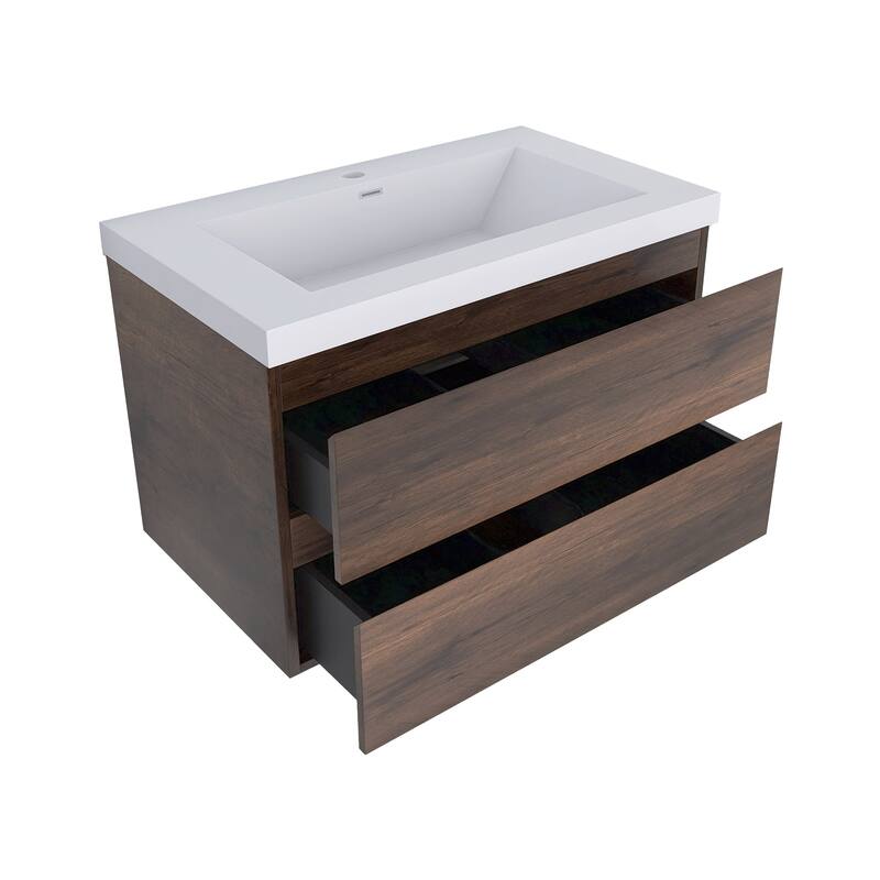 MDF Wall-Mounted Bathroom Vanity Set in Rose Wood with Integrated Culture Marble Sink