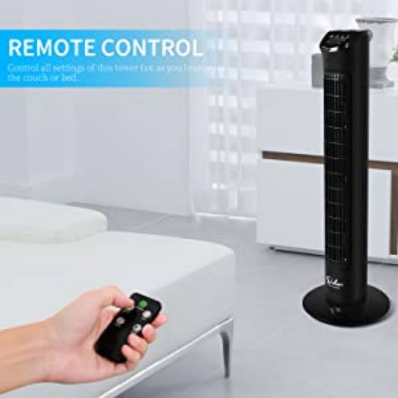 32 in. Black Electric Oscillating Tower Fan with Remote Control Bed