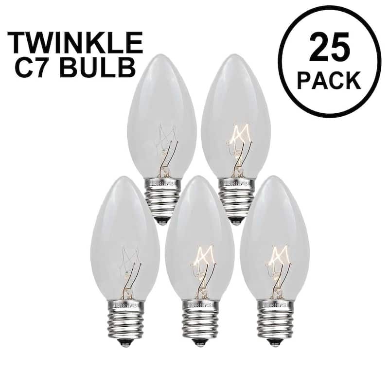 25 Pack C7 Twinkle Outdoor Christmas Replacement Bulbs, C7/E12 Base