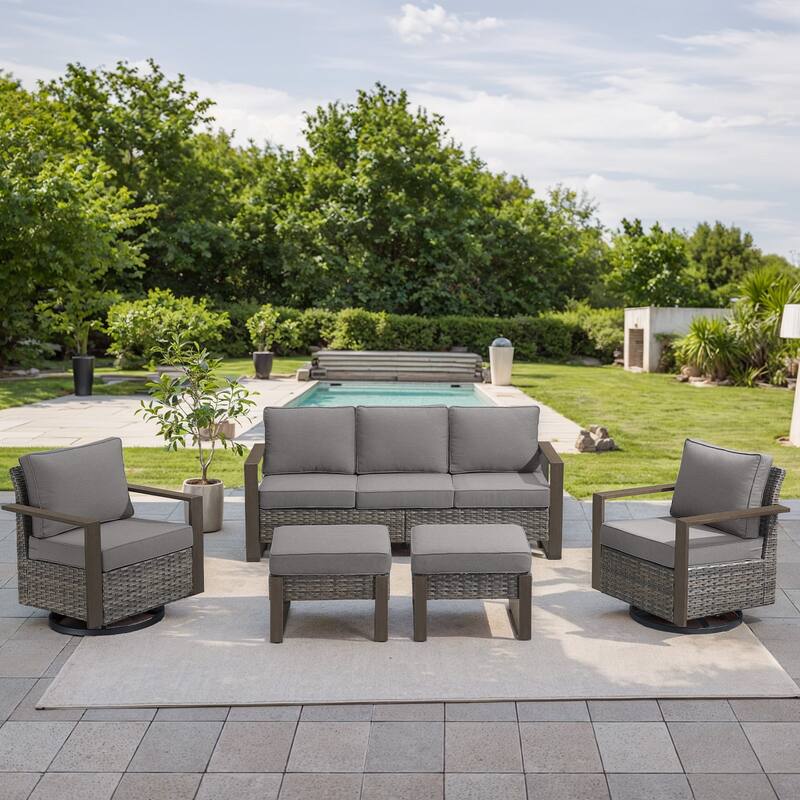 Gymojoy Outdoor Wicker Patio Furniture Sofa Set - 5-Piece Sofa Set - Swivel Chairs & Ottomans - Grey Wicker / Grey Cusion