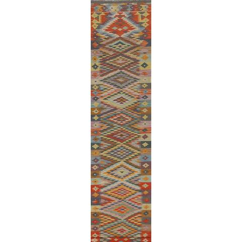 Geometric Kilim Oriental Runner Rug Hand-Woven Wool Carpet - 2'8"x 14'11"