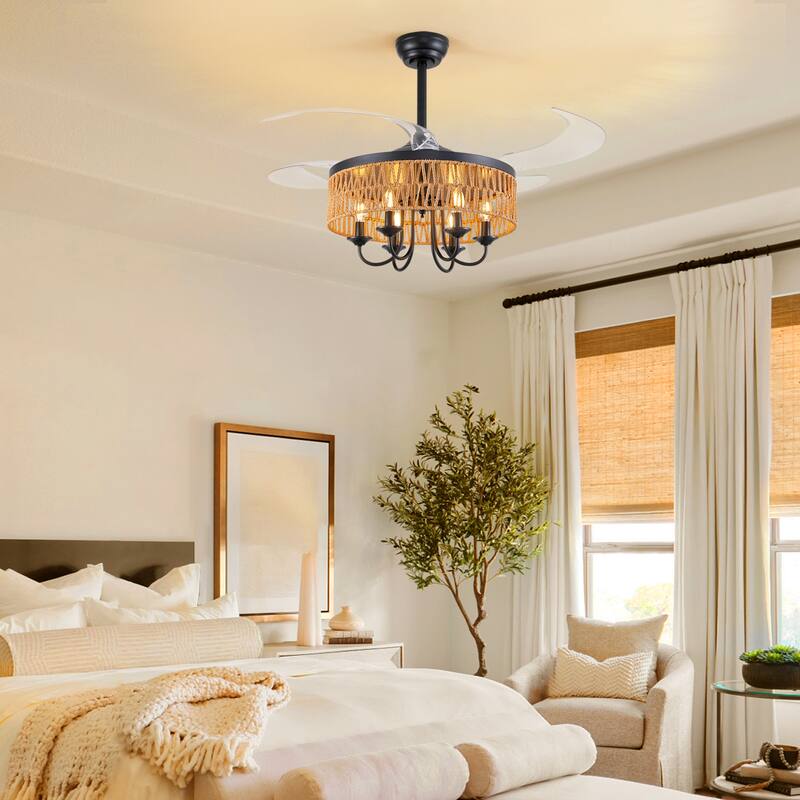 40" Boho Rattan Retractable Drum Ceiling Fan with Light and Remote - 40''-6 Lights