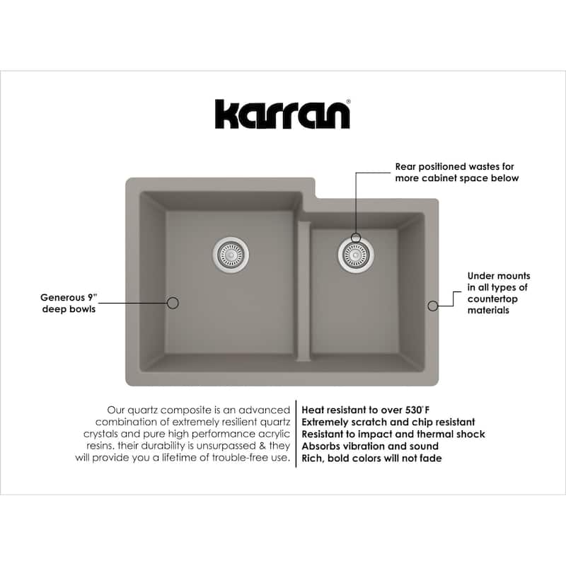 Karran 32" Undermount Large/Small Bowl Quartz Kitchen Sink Kit - 32" x 21.25" x 9"