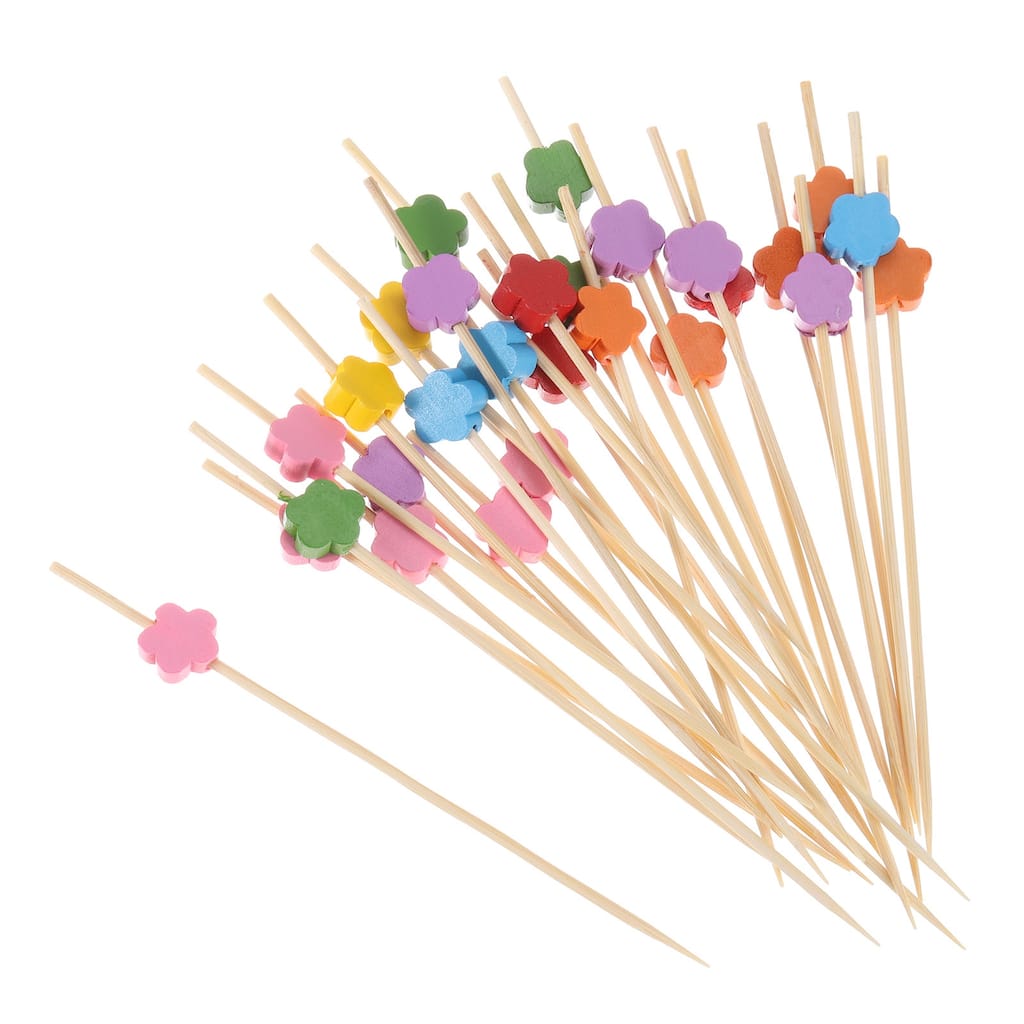 Bamboo Cocktail Toothpicks Flower Drink Picks Skewer 100Pcs Multi Color - Multi Color - 4.72"