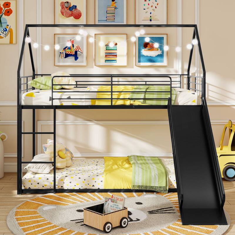 Black Twin Size Metal Bunk Bed with Slide and Ladder Heavy Duty Loft Frame with Guardrails for Kids