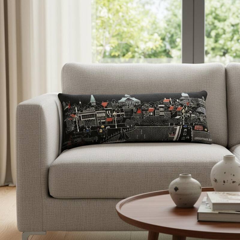 HomeRoots 14" X 35" Dark Gray And White Annapolis Nighttime Skyline Lumbar Decorative Pillow