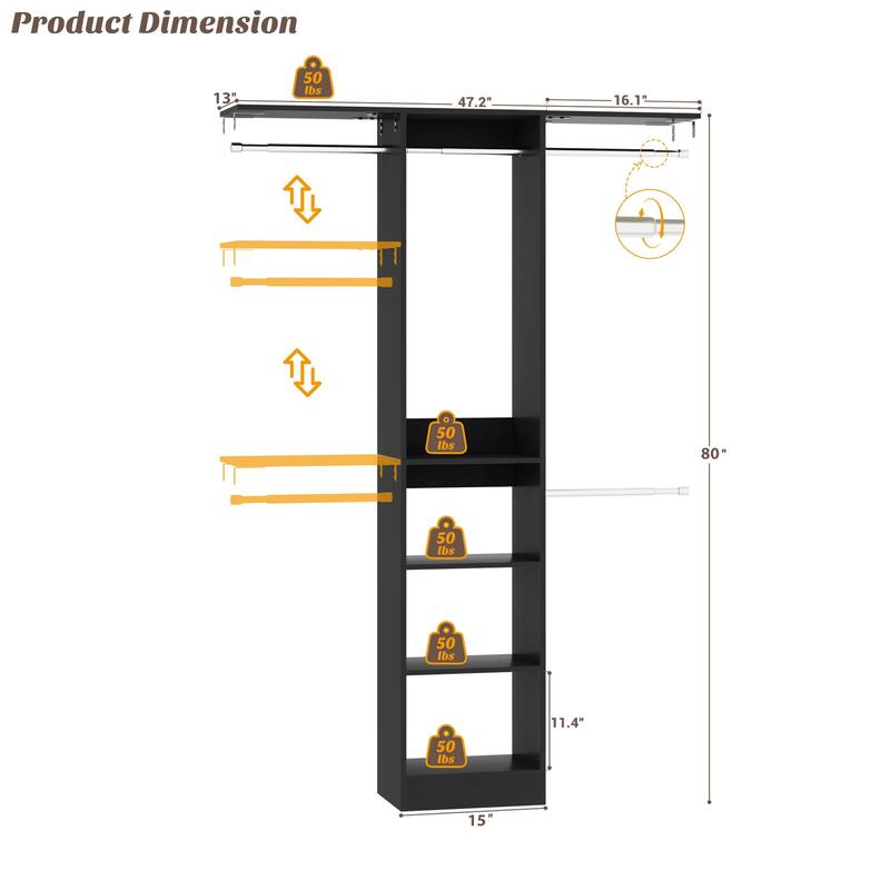 4 FT Closet Organizer with 4 Hanging Rods, Small Closet System with Storage Shelves