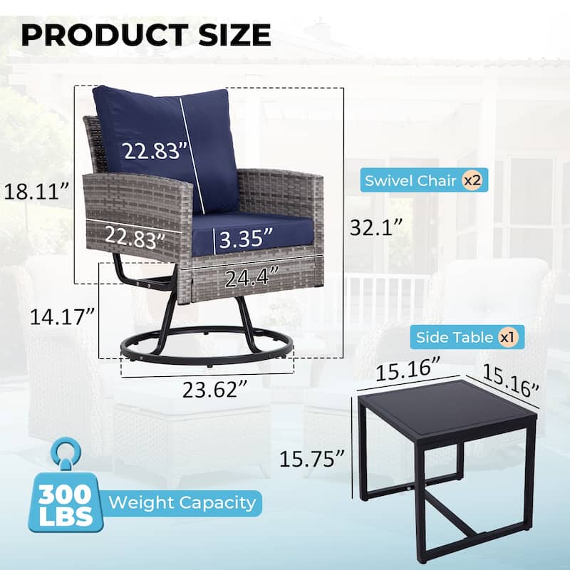 3-Piece Outdoor Swivel Chair Patio Set, 360°PE Rattan Chairs with Cushions, Glass Coffee Table