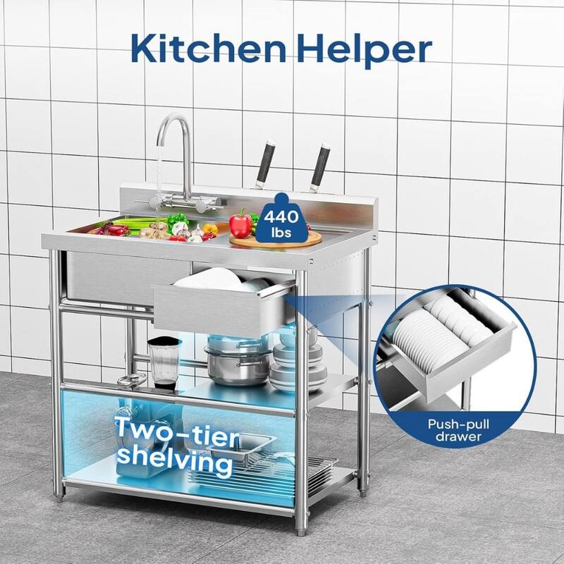 36 In. Stainless Steel Freestanding Single Bowl Sink Laundry/Utility Sink In Silver With Drawer & Hanging Hook - N/A