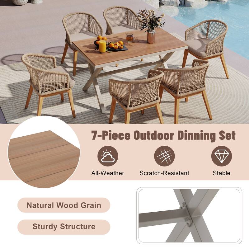 Outdoor 7-Piece Dining Set Chair with Rope-woven Backrest and Table