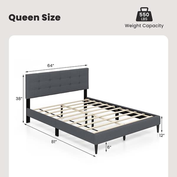dimension image slide 0 of 2, Costway Queen Upholstered Platform Bed Mattress Foundation Button