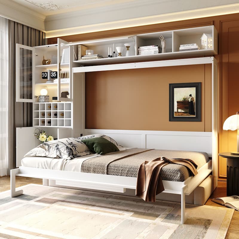 Wood Wall Murphy Bed Frame with Couch, USB and Light, Foldable Wall Platform Bed with All-in-One Storage Cabinet