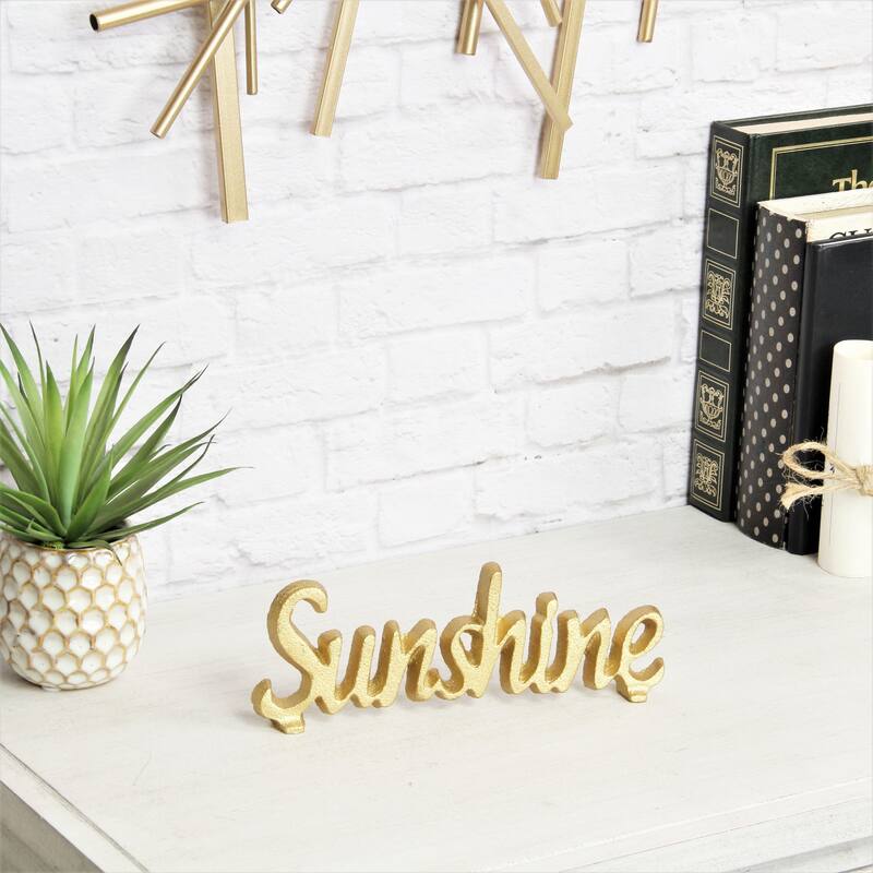 HomeRoots 3" Gold Cast Iron Hand Painted Sunshine Sculpture - 3" H x 8.5" W x 0.75" D