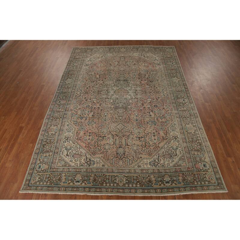 Geometric Pink Tabriz Persian Vintage Area Rug Handmade Wool Carpet - 7'11"x 11'2"