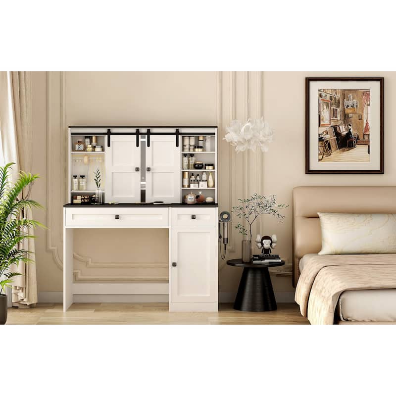 43" Wide Dressing Table with Lighted Mirror and Makeup Drawer, Large Modern Dressing Table Set with Hair Dryer Holder