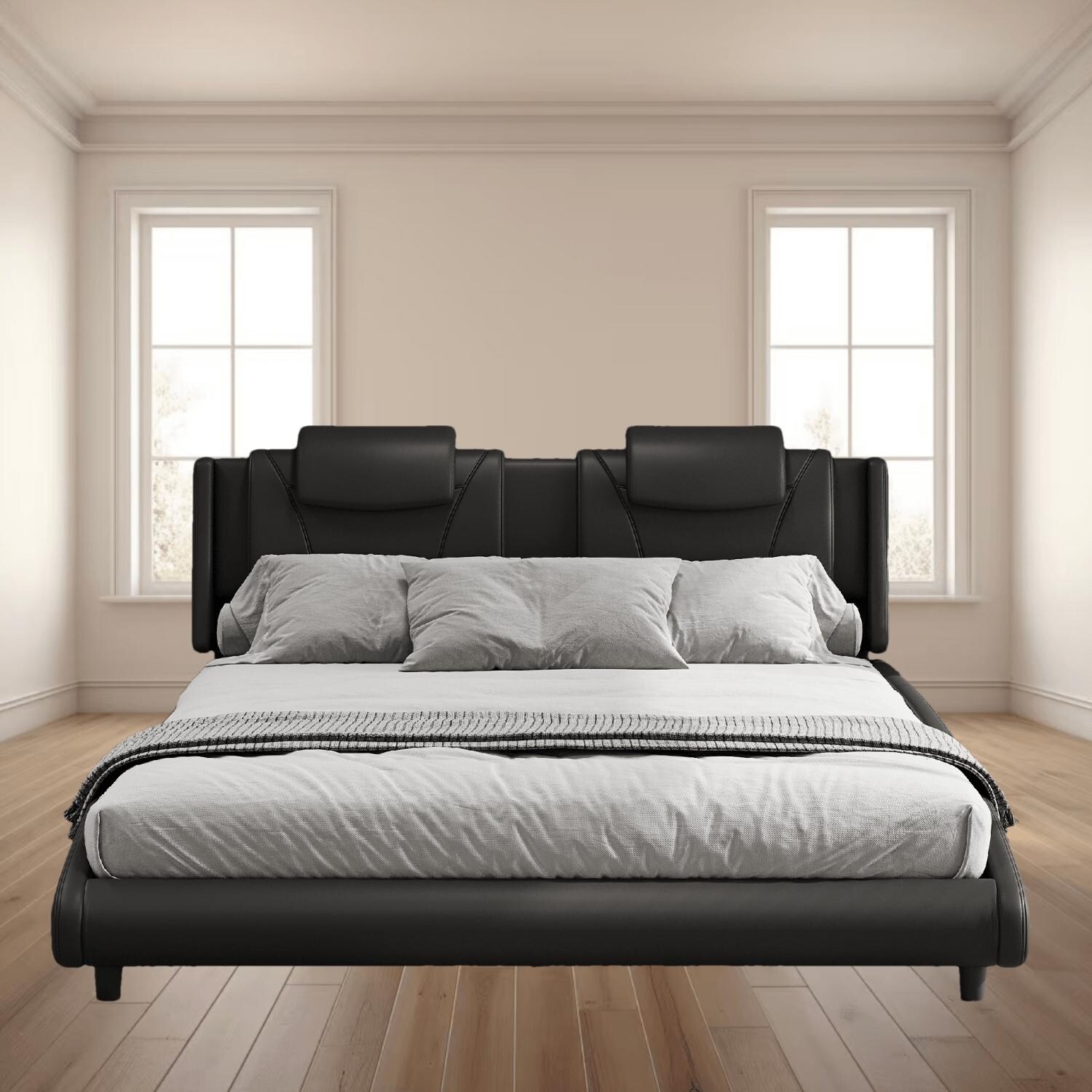 Sleek King Size Upholstered Platform Bed Frame with Wave Design LED Lights and Adjustable Headboard Bedroom Furniture