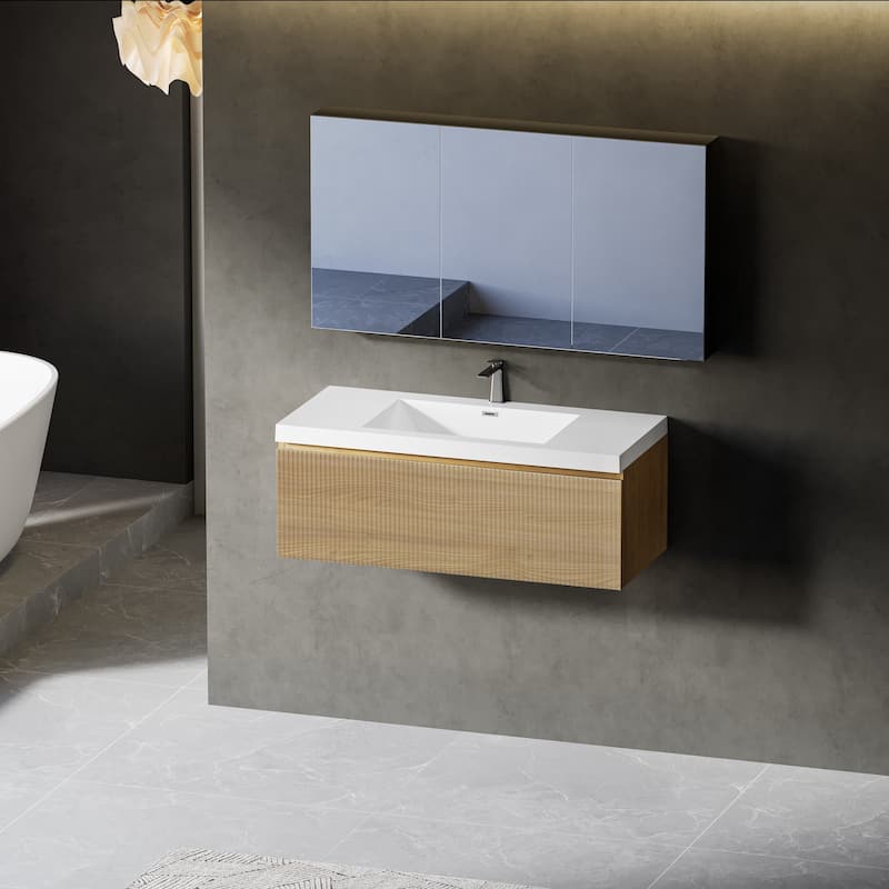 36'' Floating Bathroom Vanity with Sink Combo, Wall-Mounted Striped Bathroom Storage Cabinet with Drawer and Solid Surface Basin