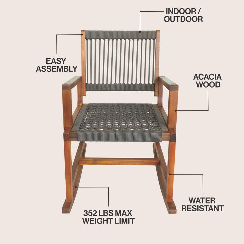 JONATHAN Y Laguna Coastal Casual 352-LBS Support Acacia Wood and Woven Rope Outdoor Rocking Chair