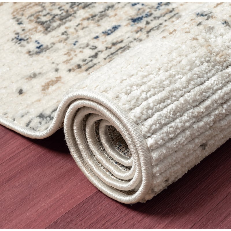 Sevita Contemporary Geometric High-Low Plush Polyester Blend Area Rug, Ivory/ Blue