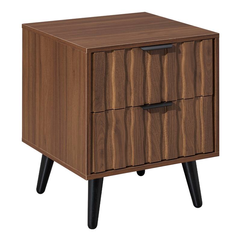 Mid-Century Modern Nightstand, Fluted End Table Drawer & Open Storage