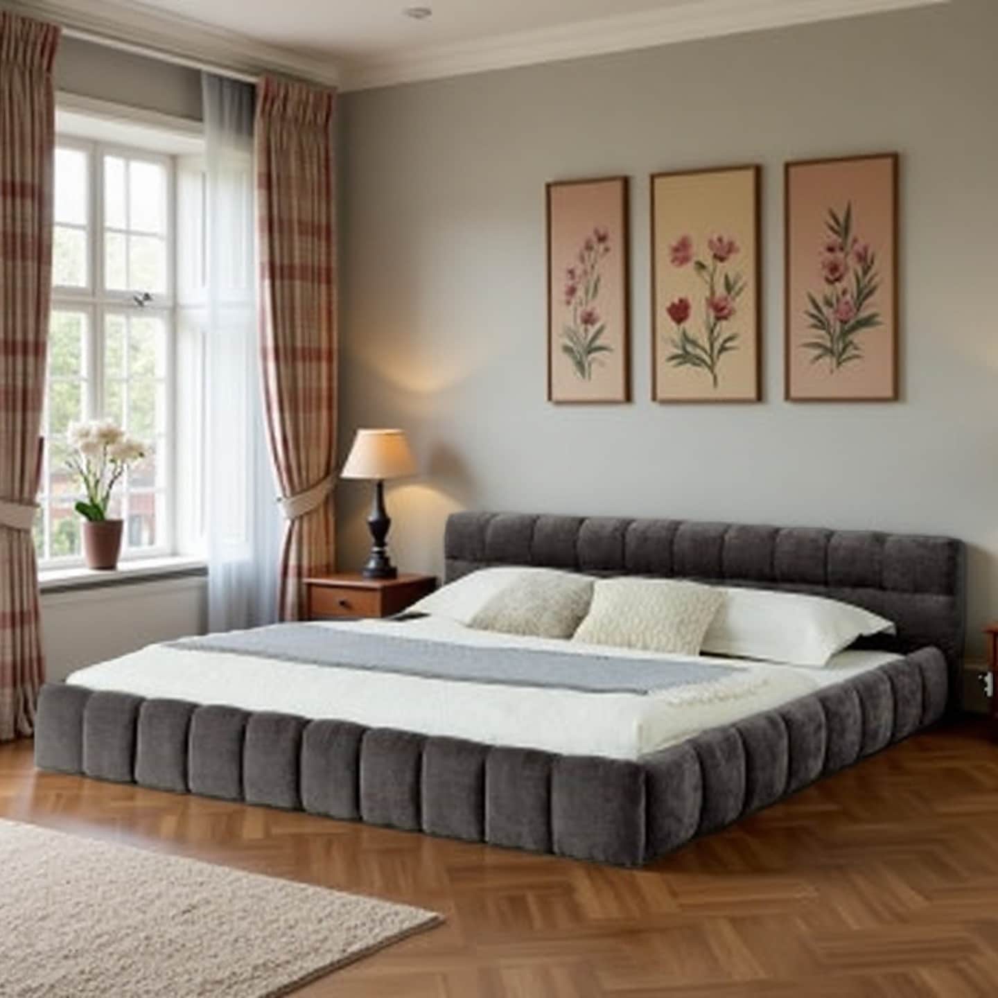 California King Size Upholstered Platform Bed with Thick Chenille Fabric, Soft Headboard, No Box Spring Needed