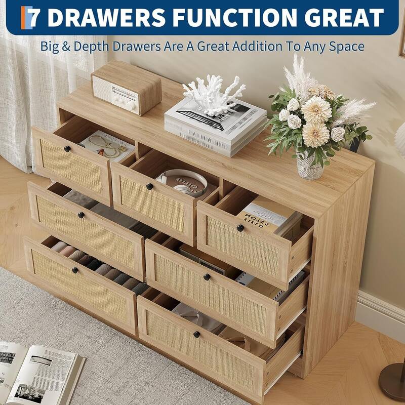 Farmhouse Rattan 7 Drawer Dresser Storage Organizer for Bedroom, Living Room