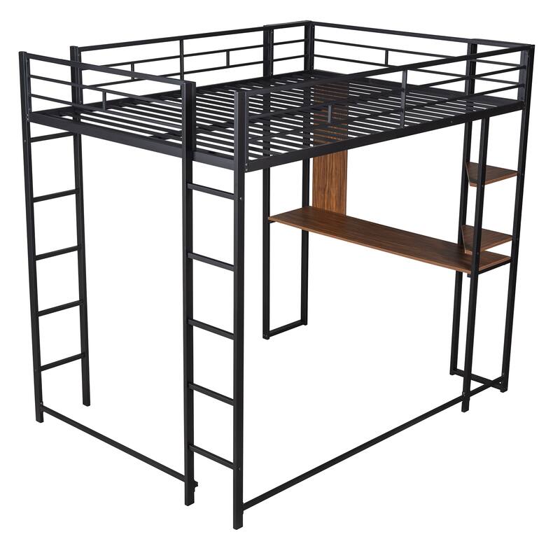 Full Size Metal Loft Bed with Shelves and Desk, Sturdy Steel Frame, Space-Saving Design
