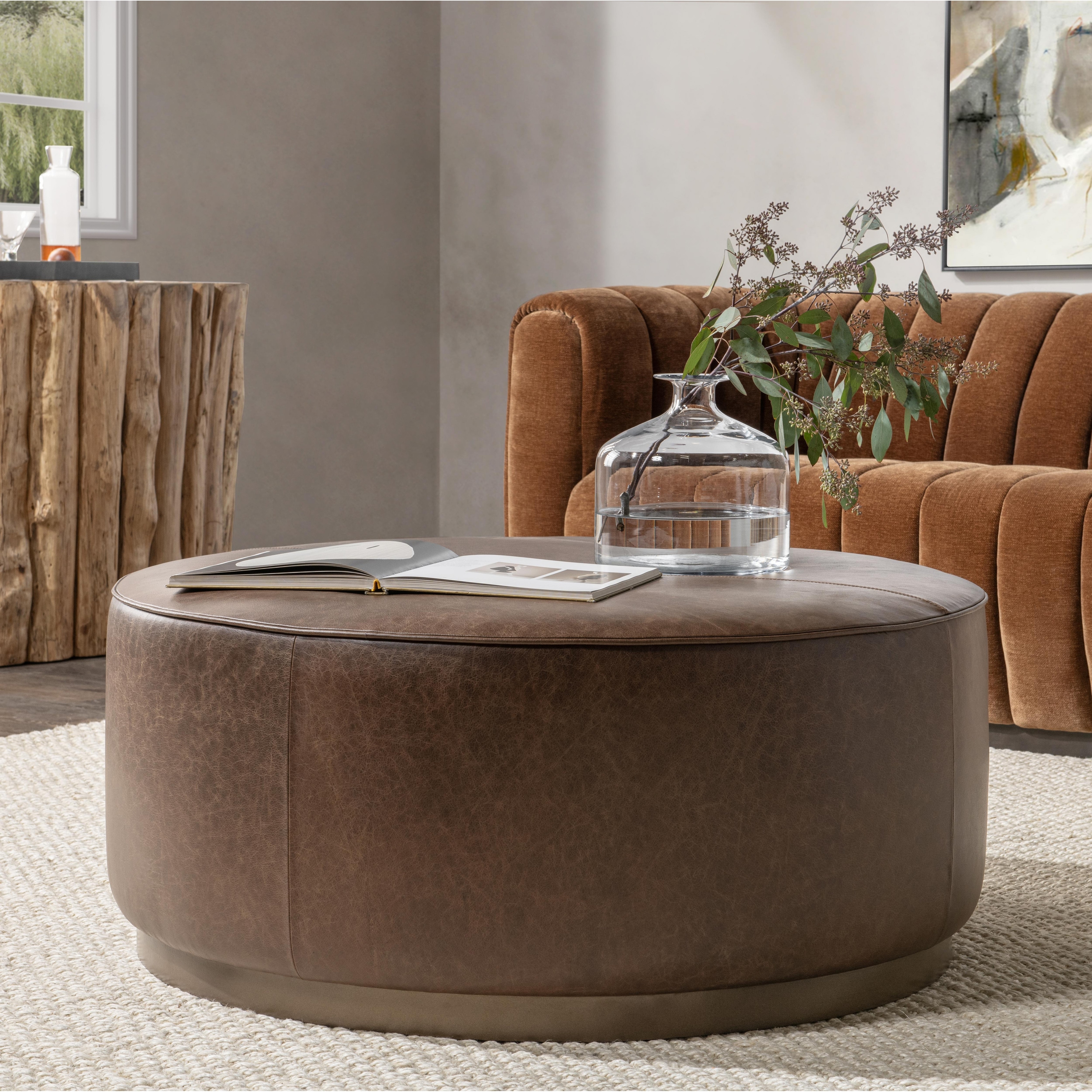 Clair Leather Round Cocktail Coffee Table