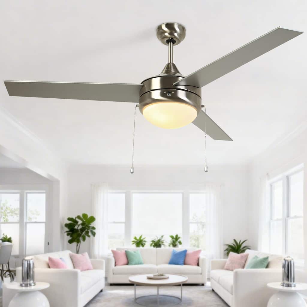 52" Modern Silver Indoor Flush Mount Ceiling Fan with Light - 52" Dia × 17.7" H