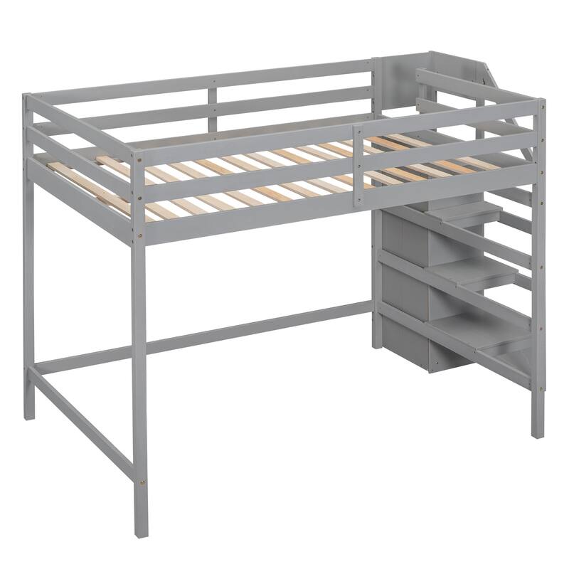 Full Size Pine Loft Bed with Storage Wardrobe & Multi-Functional Staircase (350lb Capacity)