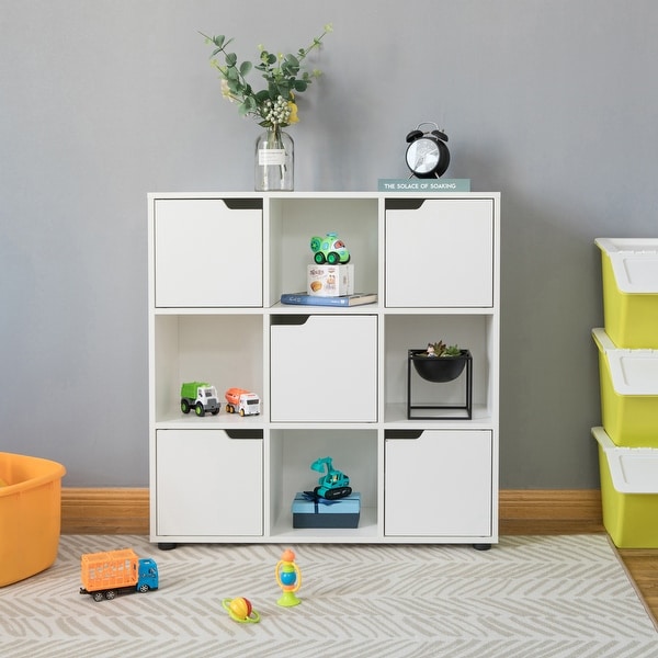 9-cube Oak Organizer with 5 Enclosed Doors and 4 Shelves. Opens flyout.