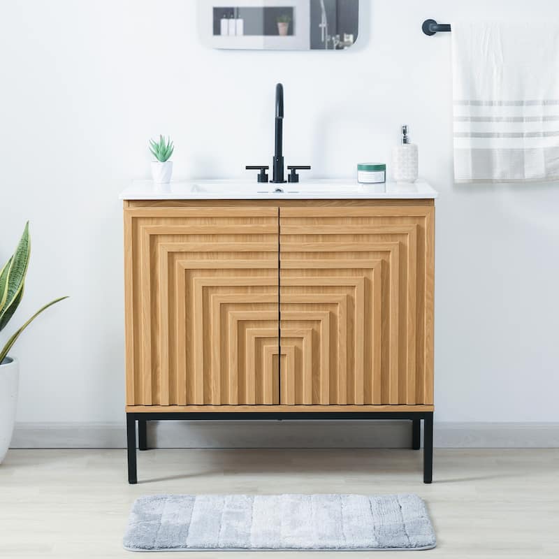 Rowan Geometric Modern Transitional 2-Shelf Bath Vanity Cabinet Only (Sink Basin Not Included), By JONATHAN Y - Oak - 36"W x 18"D x 33"H