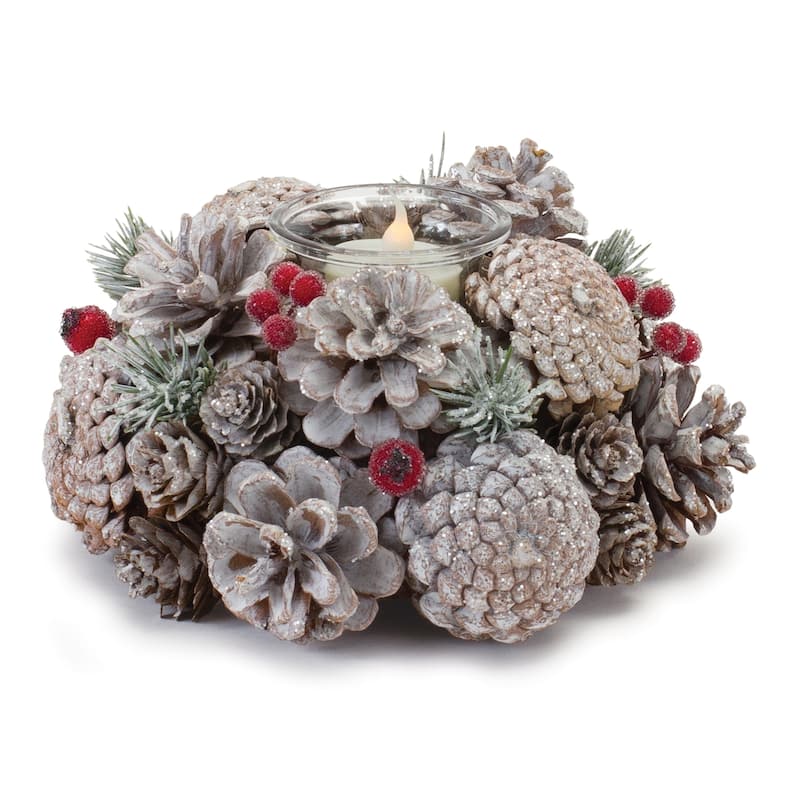 2 Pcs Artificial Snowy Cedar And Berry Candle Rings Christmas Candle Holder Rings Faux Cedar Twigs Wreath Mini Window Mirror Wreaths 12.6" Wide With