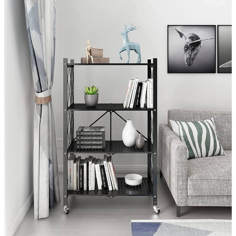 4-Tier Foldable Storage Shelving Unit, Heavy Duty Metal Shelf, Kitchen Shelf with 3 Hooks