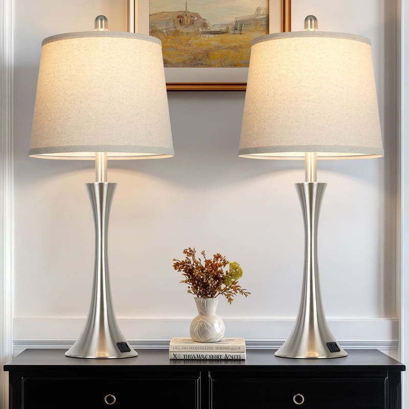 Set of 2 Modern 26-Inch Table Lamps with Dual USB Charging Ports and Oatmeal Fabric Shades - 12'' x 12'' x 27.5''