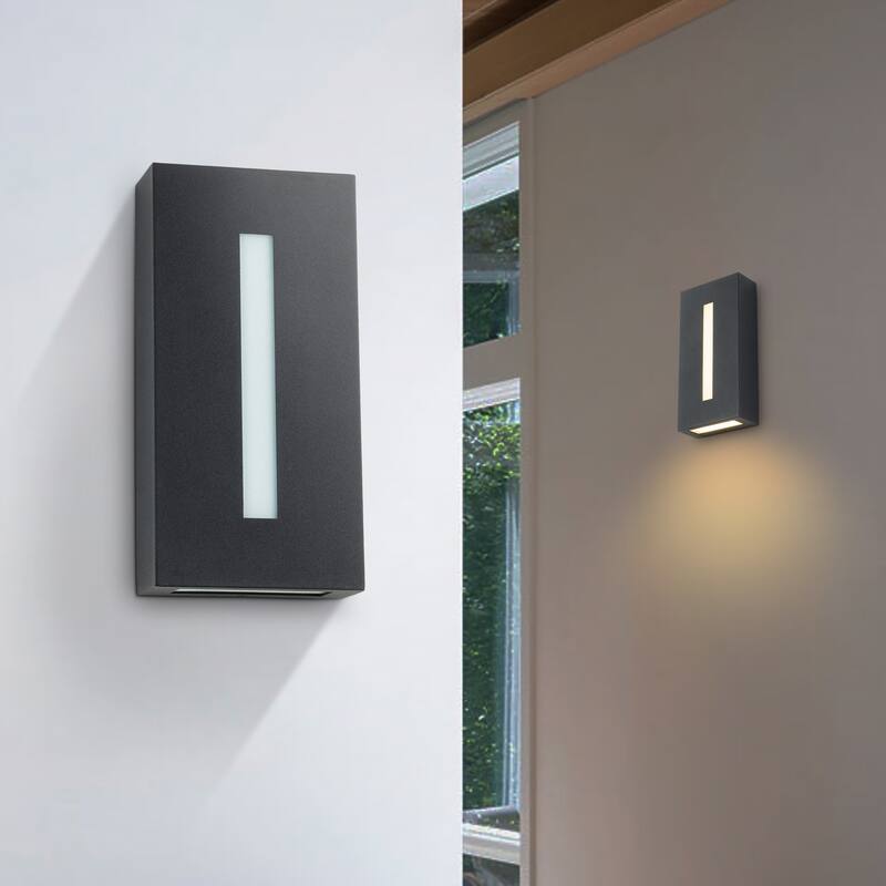 C Cattleya Matte Black Integrated LED Outdoor Wall Light with Frosted Glass Shade - W 4.5 in. x E 1.75 in. x H 12 in