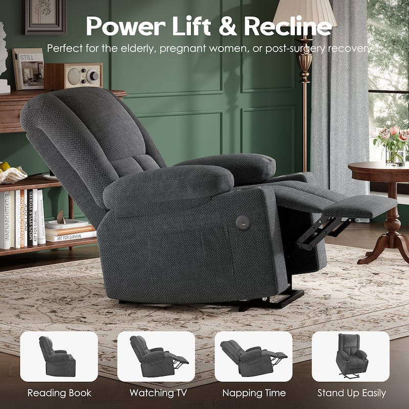 Power Lift Recliner Chair, Lounge Chaise Chair with Heat Functions, Massage Chair with USB Ports & Cup Holders