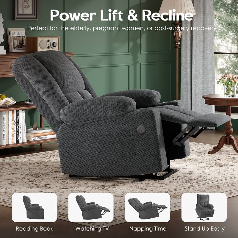 Power Lift Recliner Chair with Massage and Heat for Elderly People, USB Ports and Cup Holders