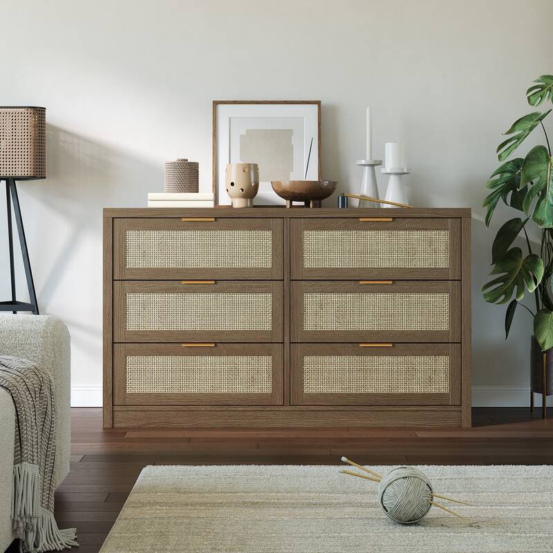 53" Rattan Dresser for Bedroom - 6-Drawer Boho Chest of Drawers, Large Storage Cabinet for Clothes, TV Stand