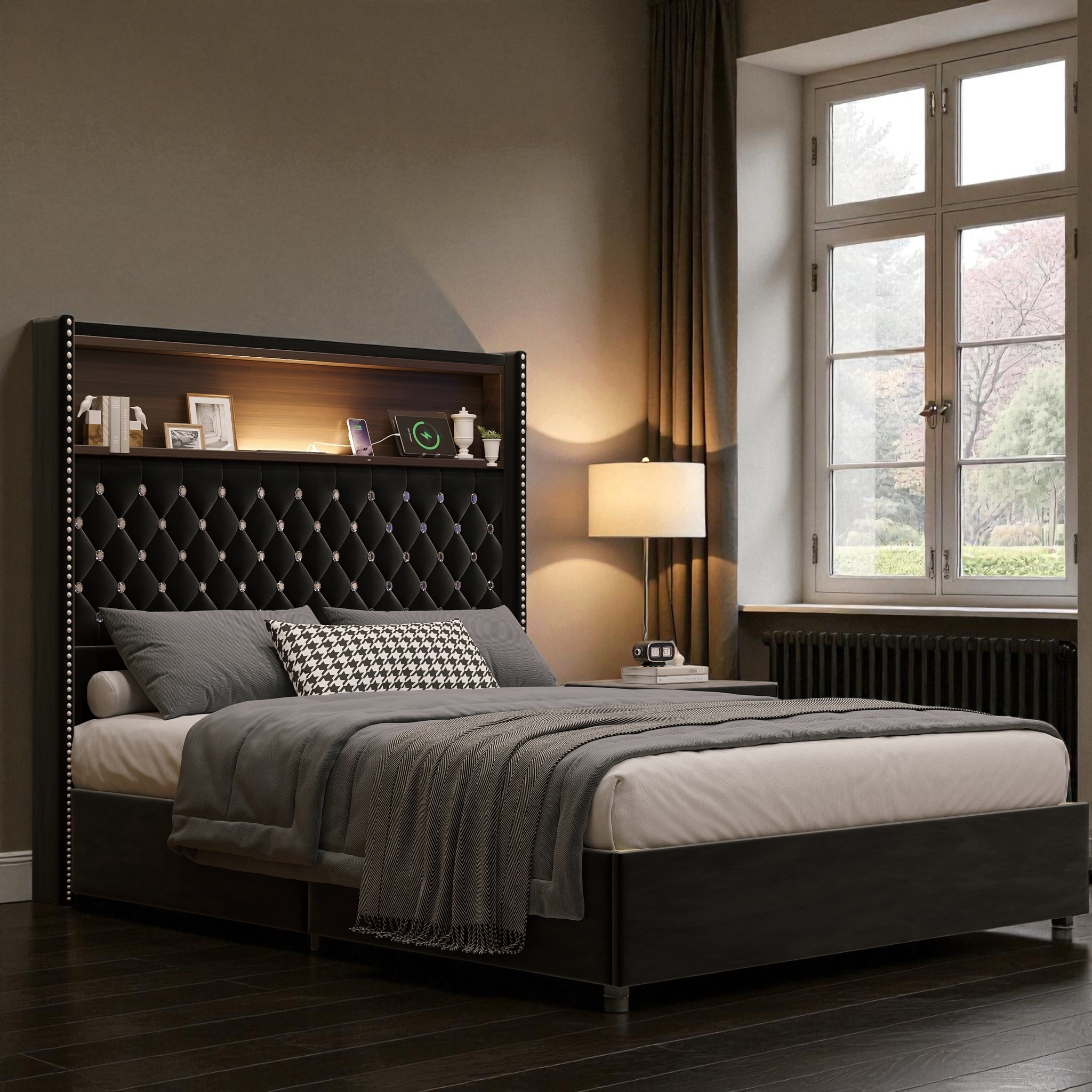 Full/Queen Velvet Tufted Bed Frame with 52" Wingback Headboard, USB Port, Night Light, Rivet Trim & Headboard Shelf