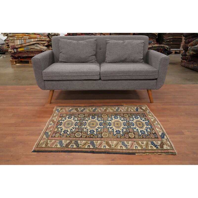 Hand Knotted Oriental 100% Wool Carpet Traditional Geometric Beige & Ivories Kazak Area Rug - 3' 9'' X 3' 0''