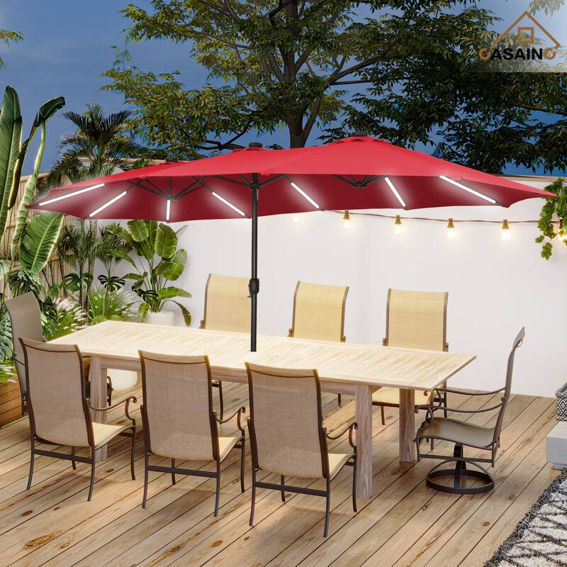 15 ft. Crank Double-sided Solar LED Ultra Lighted Outdoor Market Umbrella with Base Included