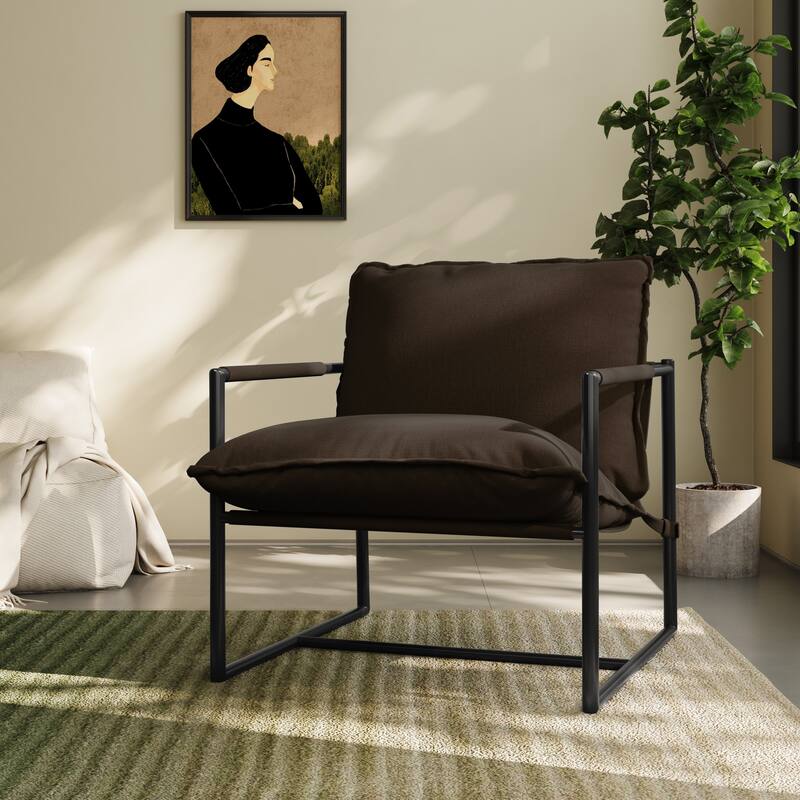 Modern Metal Frame Upholstered Sling Accent Armchair - Brown