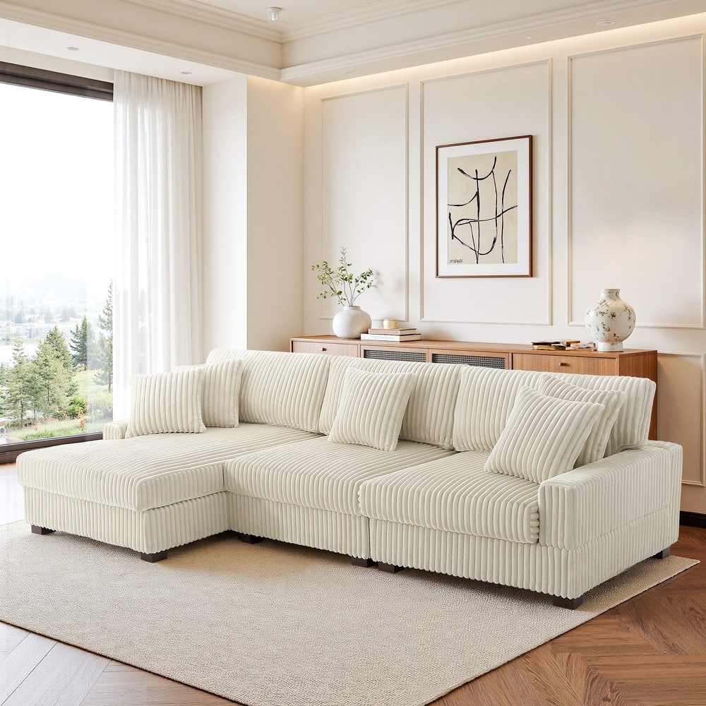 118.3" W Plush Corduroy Square Arm Upholstered Sectional Modular Sofa