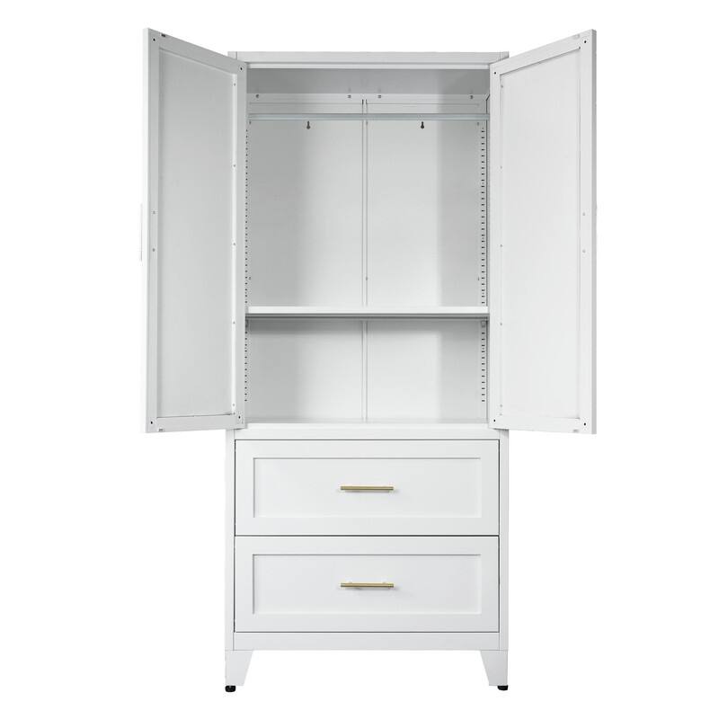 71" Tall Metal Wardrobe Cabinet with 2 Drawers, Hanging Rod, and 2 Doors, Wardrobe Closet with Shelf