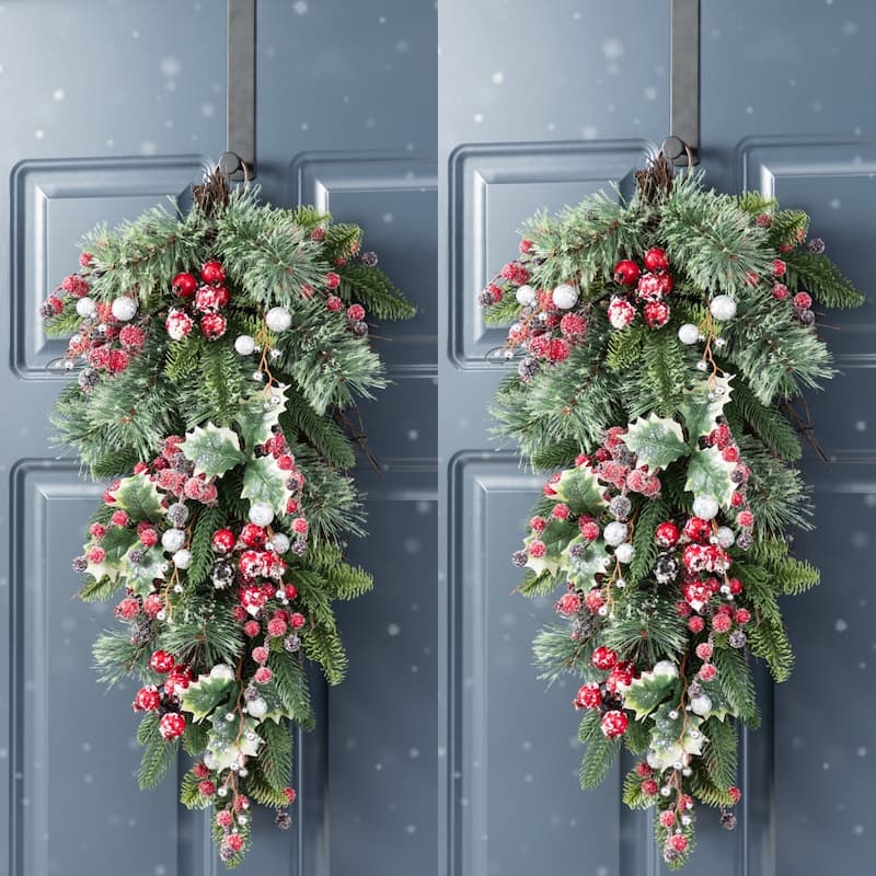 Glitzhome Christmas Red Pomegranate Berry & Holy Leaf Wreath or Teardrop - 2-Piece Teardrops