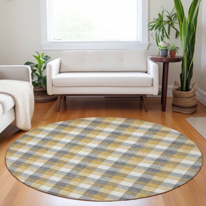 Machine Washable Indoor/ Outdoor Plaid Chantille Rug - Gray - 8' x 8'