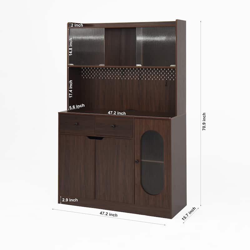 71" Kitchen Bakers Rack with Storage, Microwave Stand, Pegboard Hooks, and Display Cabinet with Glass Doors