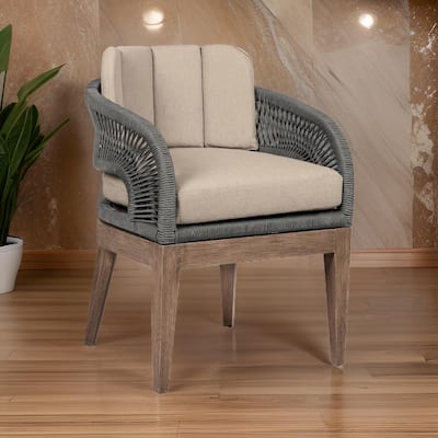 Kimi 23 Inch Outdoor Patio Dining Chair, Olefin Cushions, Gray Woven Rope